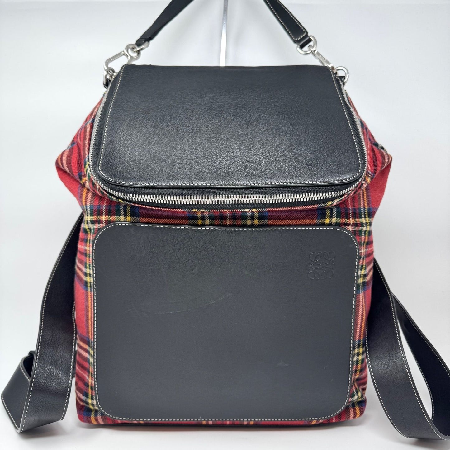 Loewe Backpack Goya Tartan Check Canvas Leather Black Red