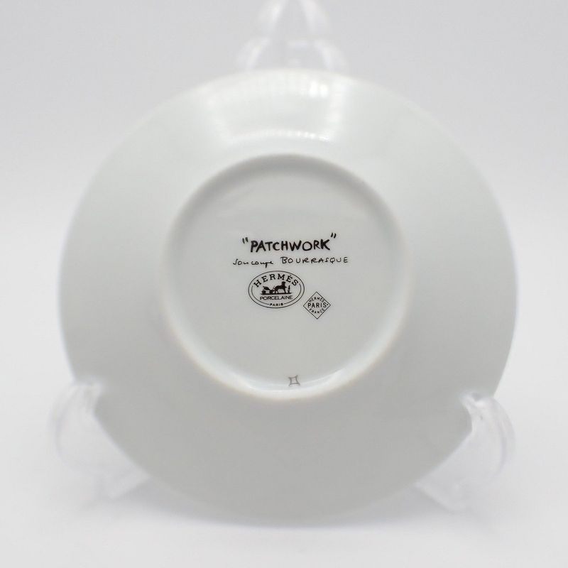 Hermes Cup and Saucer Patch Work Gust of Wind Ceramic White Green Hat