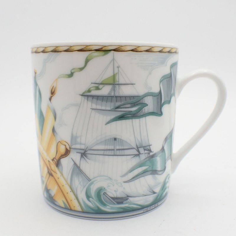 Hermes Cup and Saucer Patch Work Gust of Wind Ceramic White Green Hat