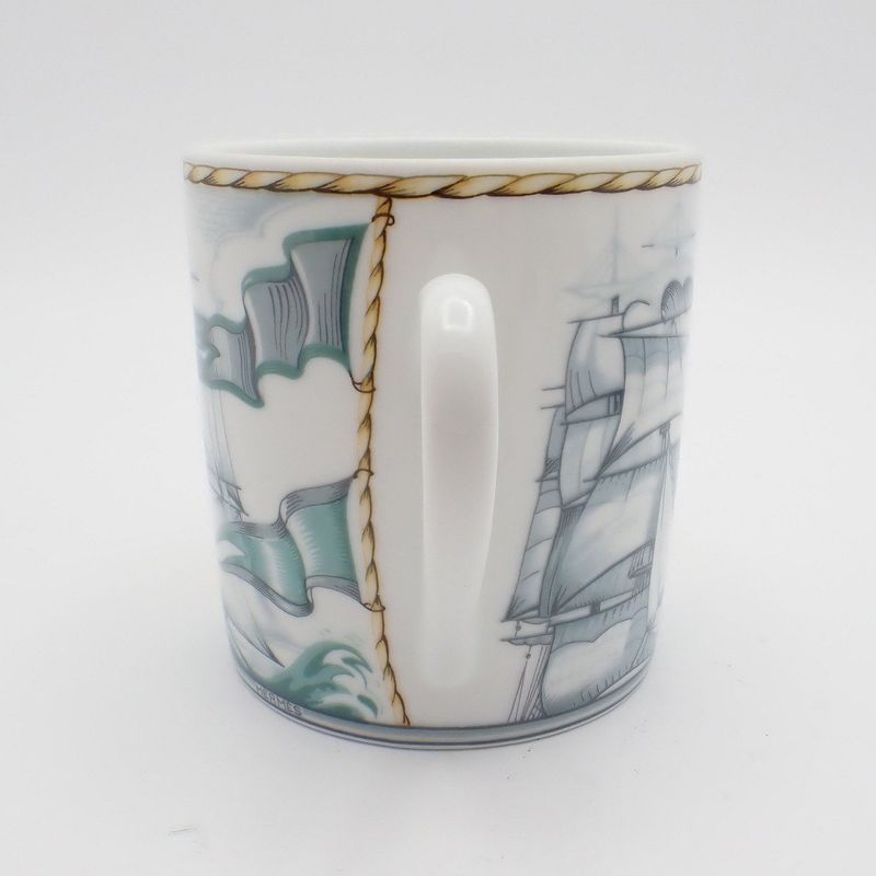 Hermes Cup and Saucer Patch Work Gust of Wind Ceramic White Green Hat