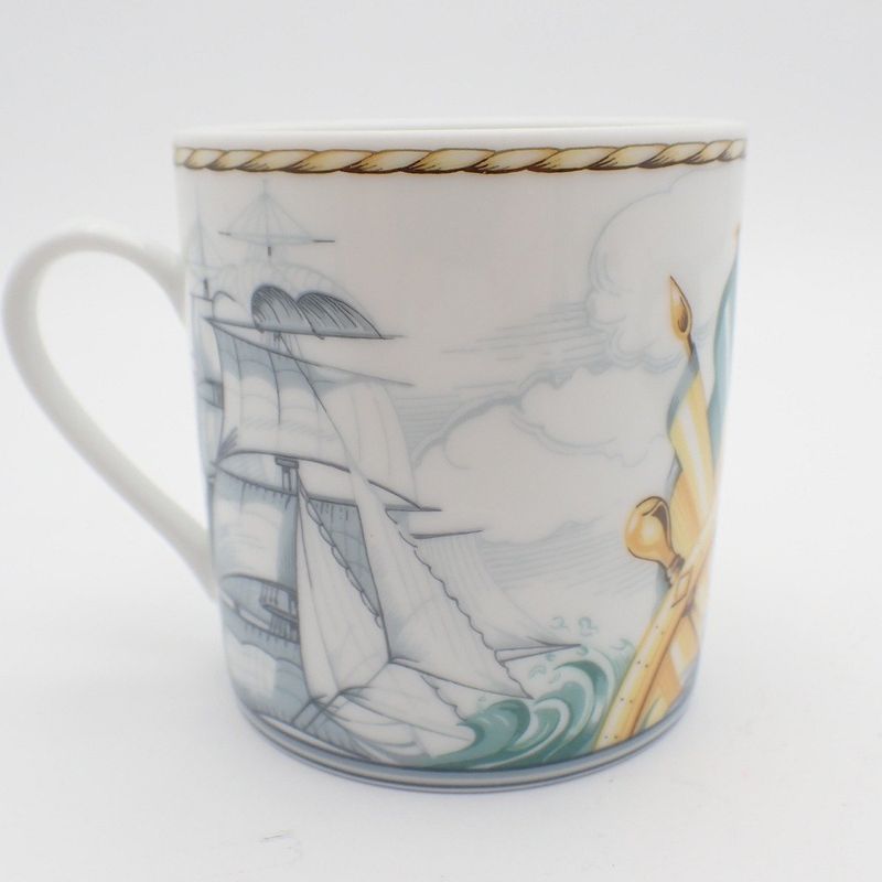 Hermes Cup and Saucer Patch Work Gust of Wind Ceramic White Green Hat