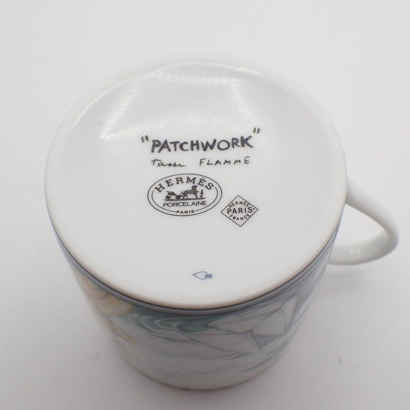 Hermes Cup and Saucer Patch Work Gust of Wind Ceramic White Green Hat