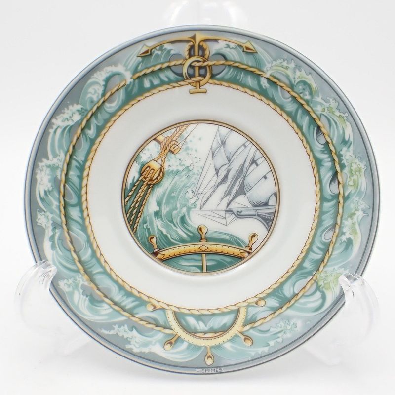 Hermes Cup and Saucer Patch Work Gust of Wind Ceramic White Green Hat