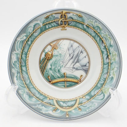 Hermes Cup and Saucer Patch Work Gust of Wind Ceramic White Green Hat