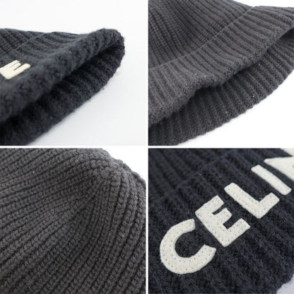 Celine Knit Cap Listed TU Black Logo Patch Beanie