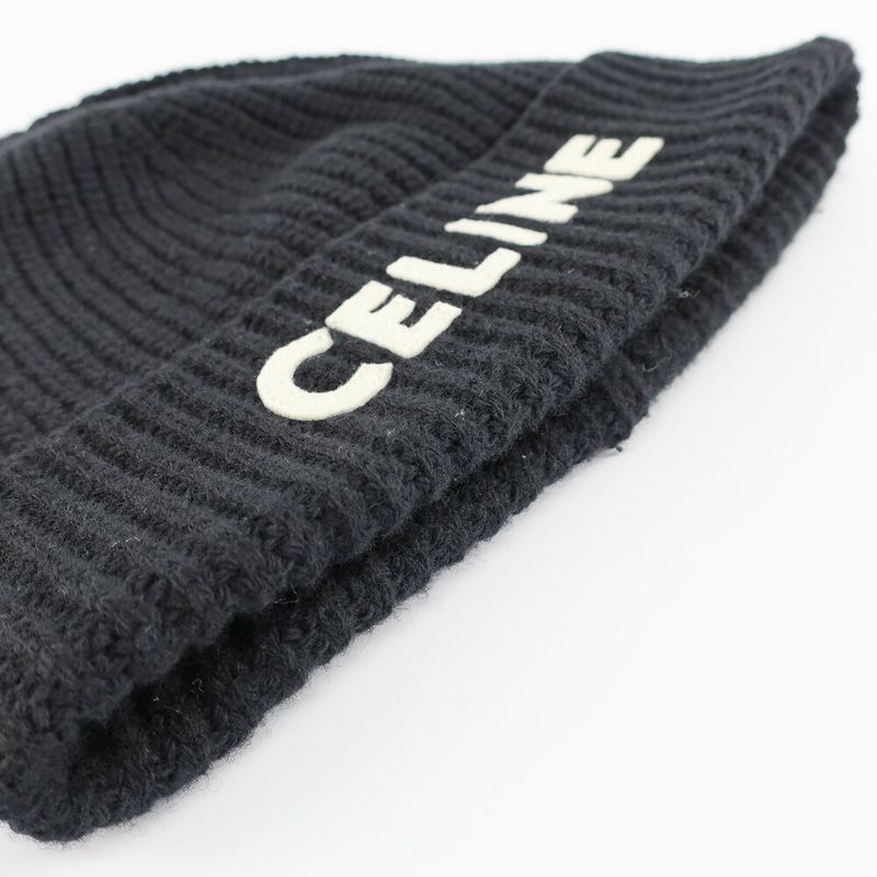 Celine Knit Cap Listed TU Black Logo Patch Beanie