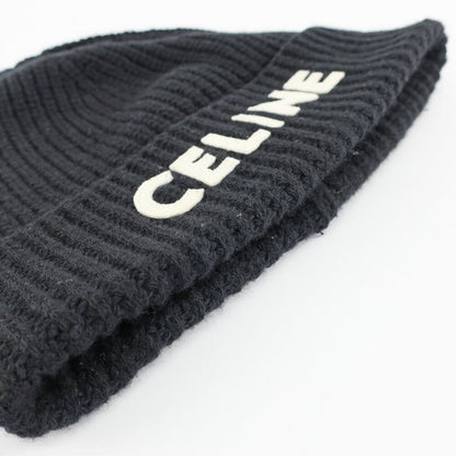 Celine Knit Cap Listed TU Black Logo Patch Beanie