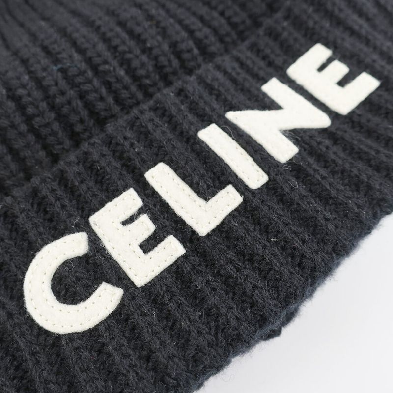Celine Knit Cap Listed TU Black Logo Patch Beanie