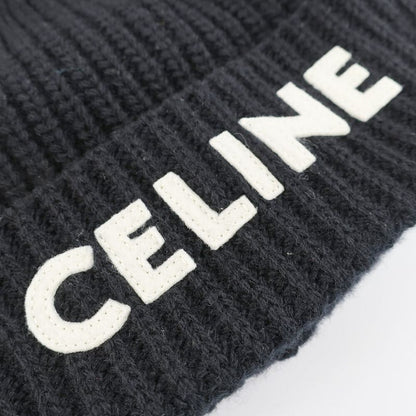 Celine Knit Cap Listed TU Black Logo Patch Beanie