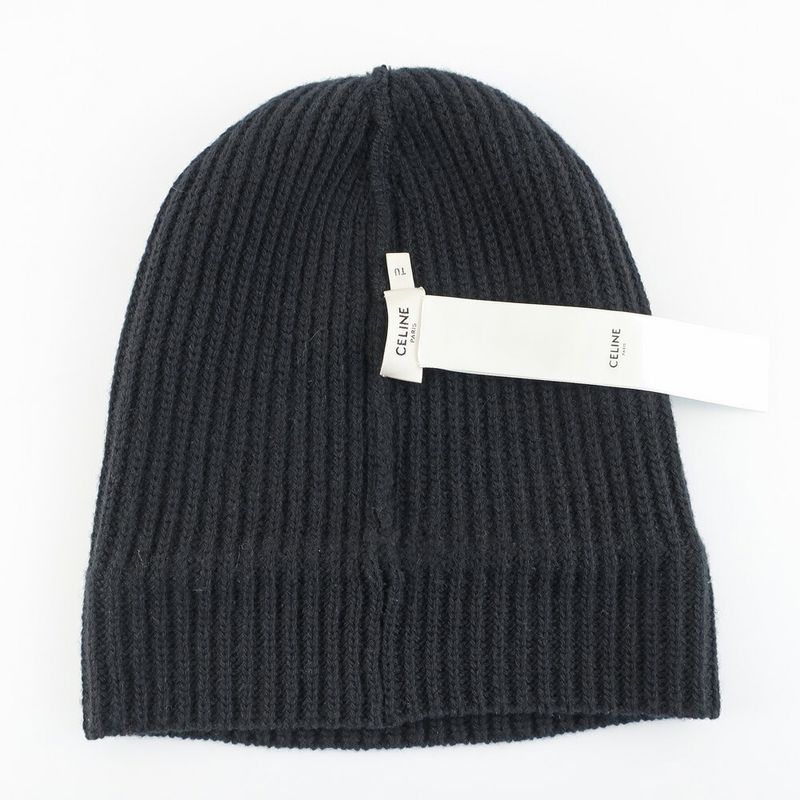 Celine Knit Cap Listed TU Black Logo Patch Beanie