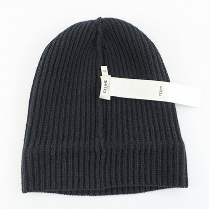Celine Knit Cap Listed TU Black Logo Patch Beanie