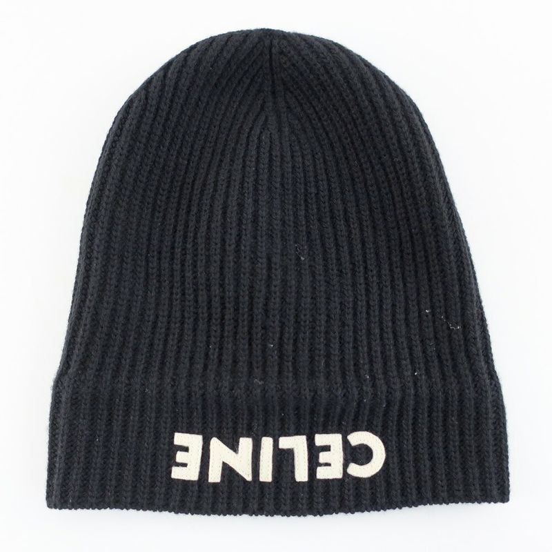 Celine Knit Cap Listed TU Black Logo Patch Beanie