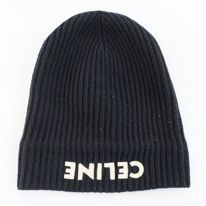 Celine Knit Cap Listed TU Black Logo Patch Beanie
