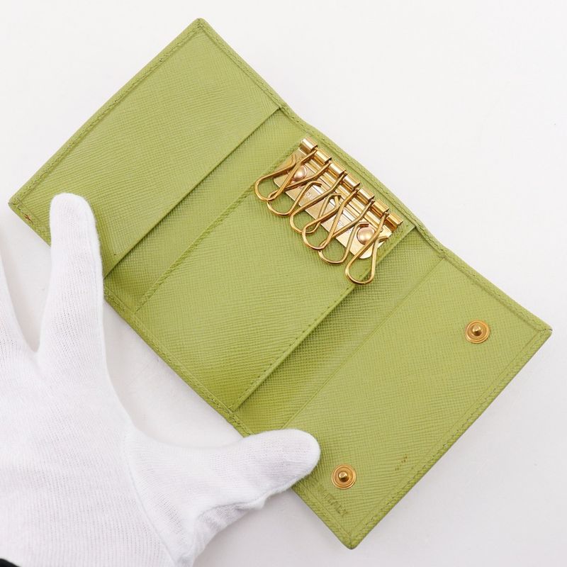 Prada Saffiano 6 Row Triangle Logo Leather Green Key Case Key Holder