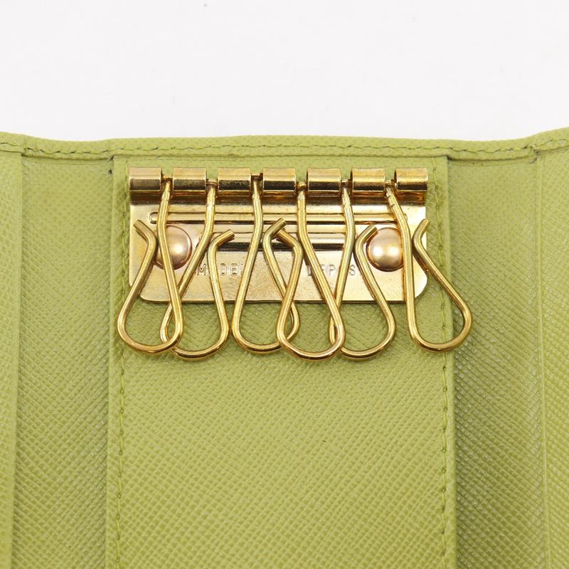 Prada Saffiano 6 Row Triangle Logo Leather Green Key Case Key Holder