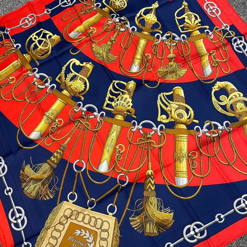 Hermes Scarf Carre 90 Cliquetis Ticking Sword Pattern Navy Red Gold Silk