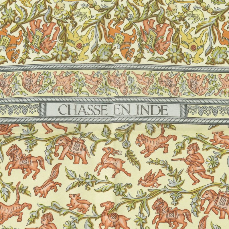 Hermes Carre 90 Indian Hunting Chasse en Inde Scarf Silk Ivory Yellow Light Blue