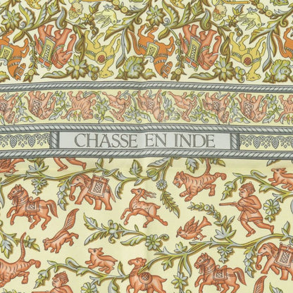 Hermes Carre 90 Indian Hunting Chasse en Inde Scarf Silk Ivory Yellow Light Blue