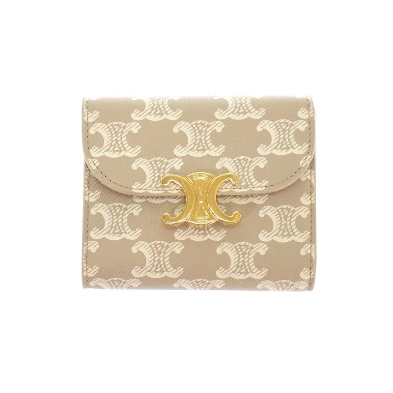 Celine Small Flap Wallet Trifold Polyurethane Beige Gold Triomphe