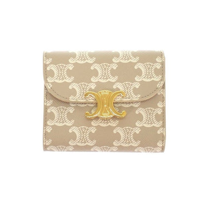 Celine Small Flap Wallet Trifold Polyurethane Beige Gold Triomphe