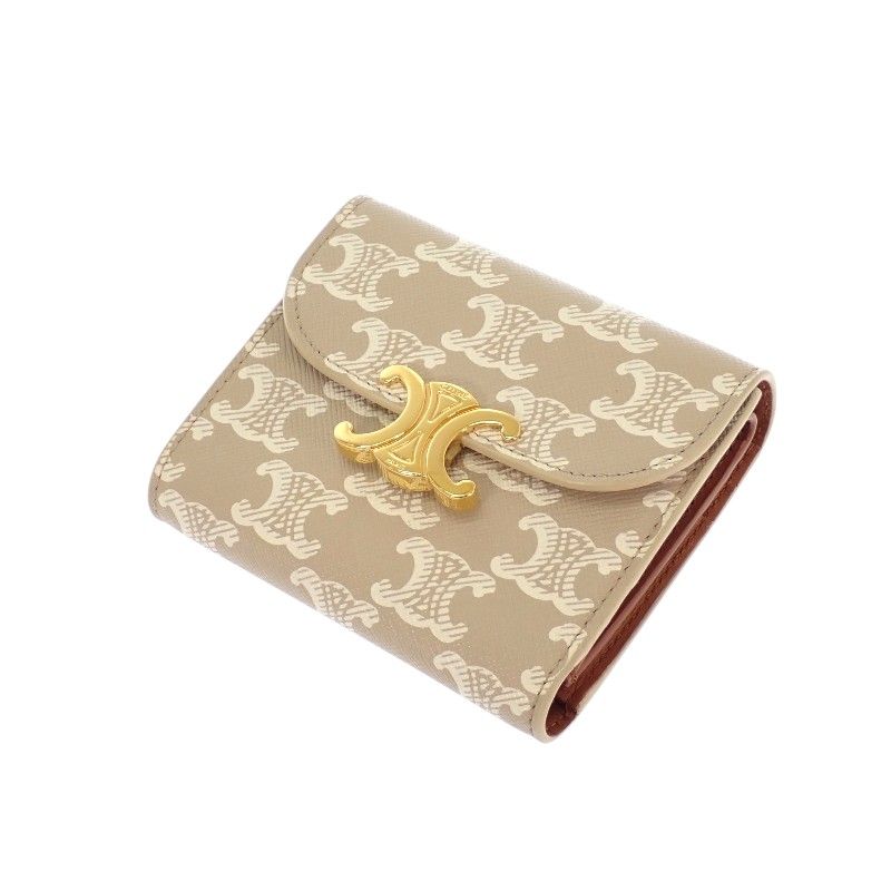 Celine Small Flap Wallet Trifold Polyurethane Beige Gold Triomphe