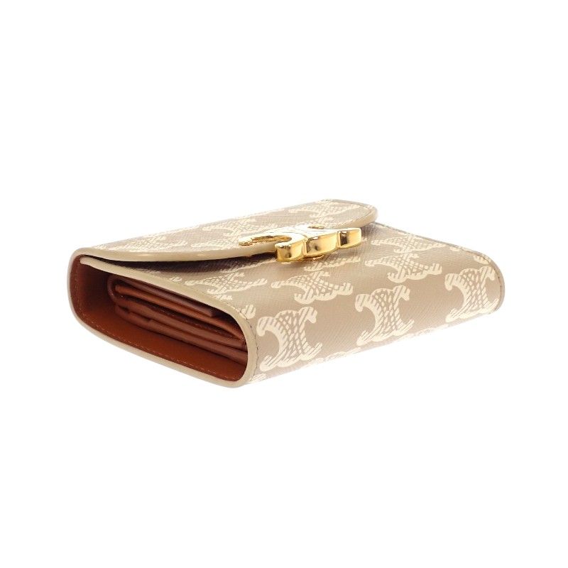 Celine Small Flap Wallet Trifold Polyurethane Beige Gold Triomphe