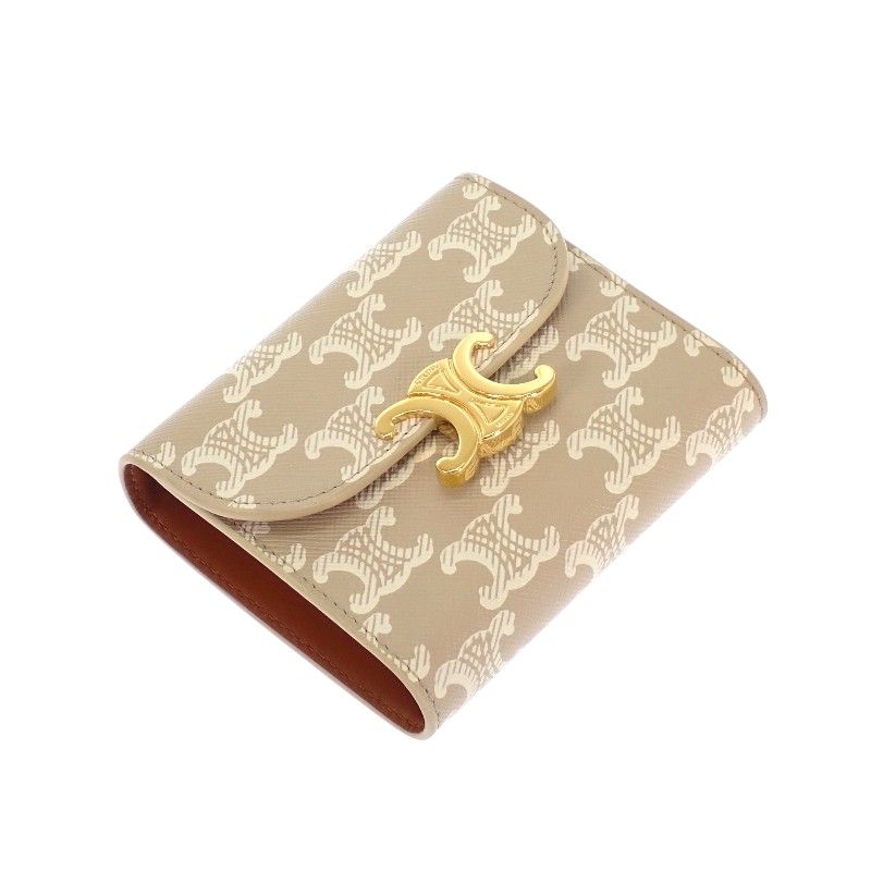 Celine Small Flap Wallet Trifold Polyurethane Beige Gold Triomphe