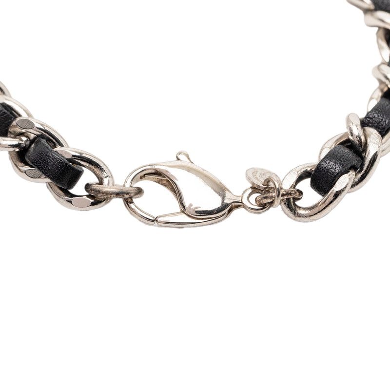 Chanel CC Logo Bracelet Silver Black Metal Leather