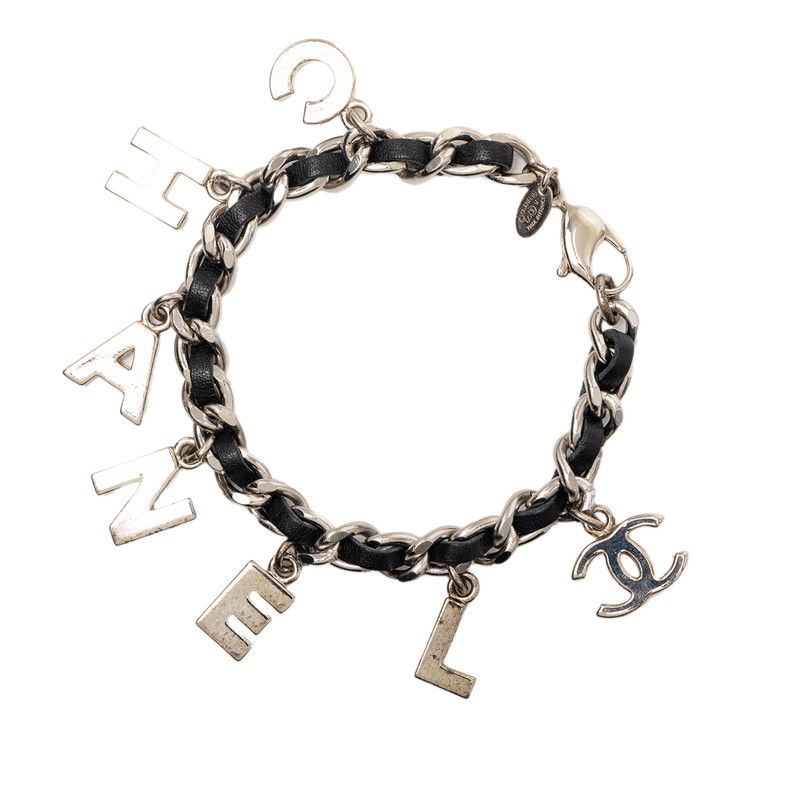 Chanel CC Logo Bracelet Silver Black Metal Leather