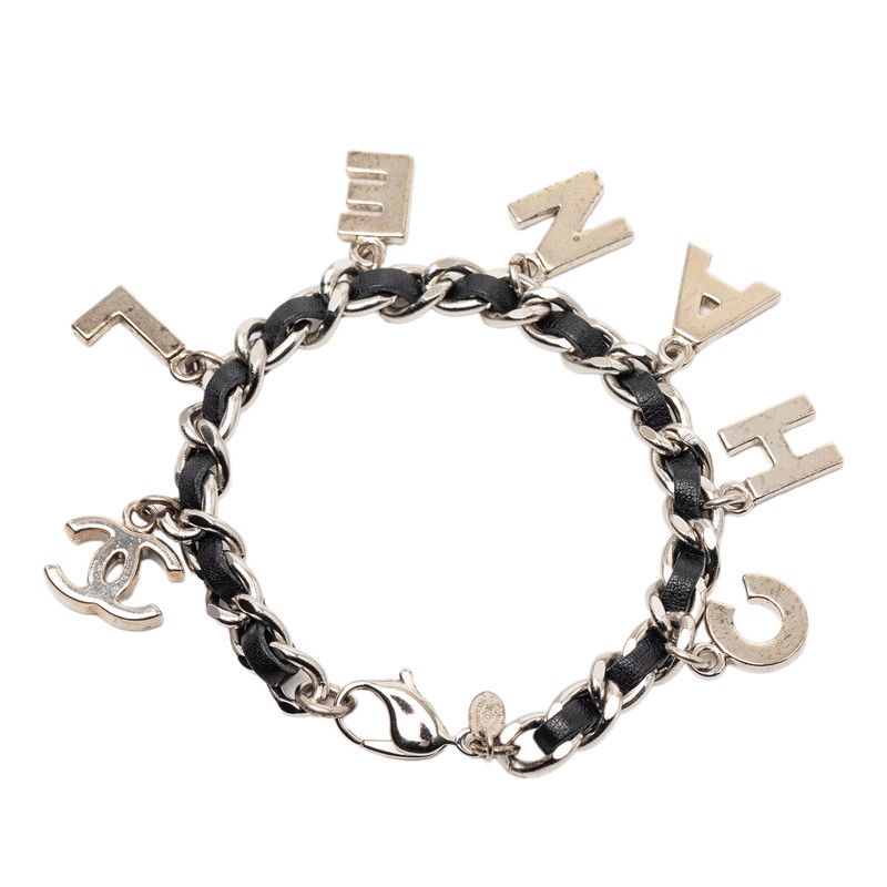 Chanel CC Logo Bracelet Silver Black Metal Leather