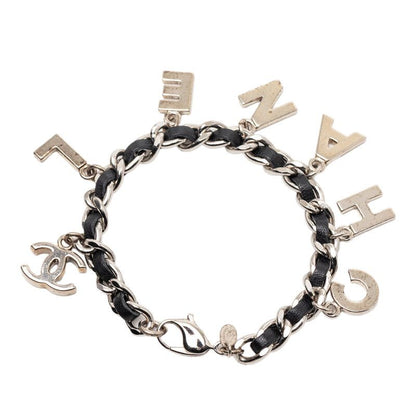 Chanel CC Logo Bracelet Silver Black Metal Leather