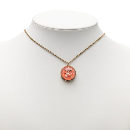 Chanel CC Logo Dome Necklace Gold Pink Plated Line Stone