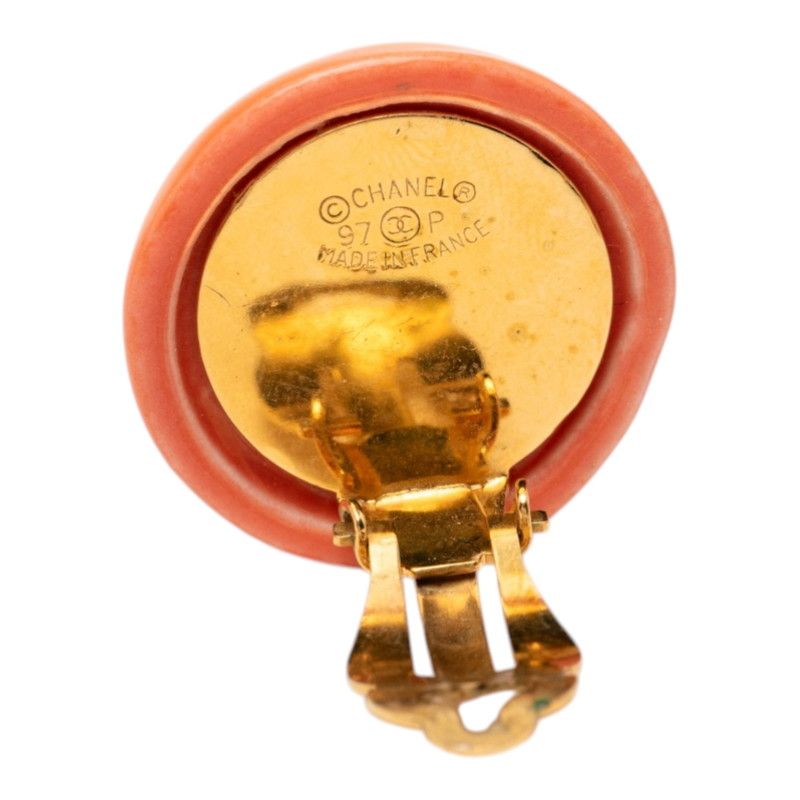 Chanel Logo Round Earrings Gold Orange Plated