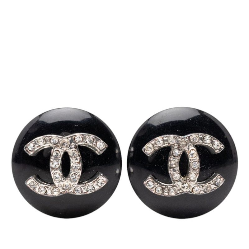 Chanel CC Logo Earrings Silver Black Metal Line Stone