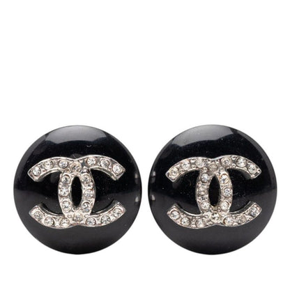 Chanel CC Logo Earrings Silver Black Metal Line Stone