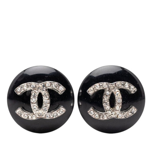 Chanel CC Logo Earrings Silver Black Metal Line Stone