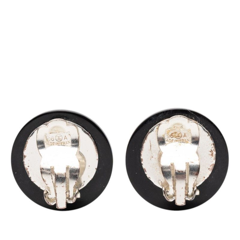 Chanel CC Logo Earrings Silver Black Metal Line Stone