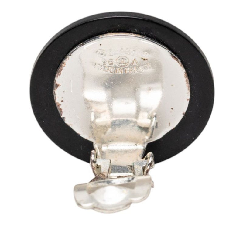 Chanel CC Logo Earrings Silver Black Metal Line Stone