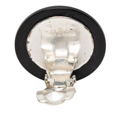 Chanel CC Logo Earrings Silver Black Metal Line Stone