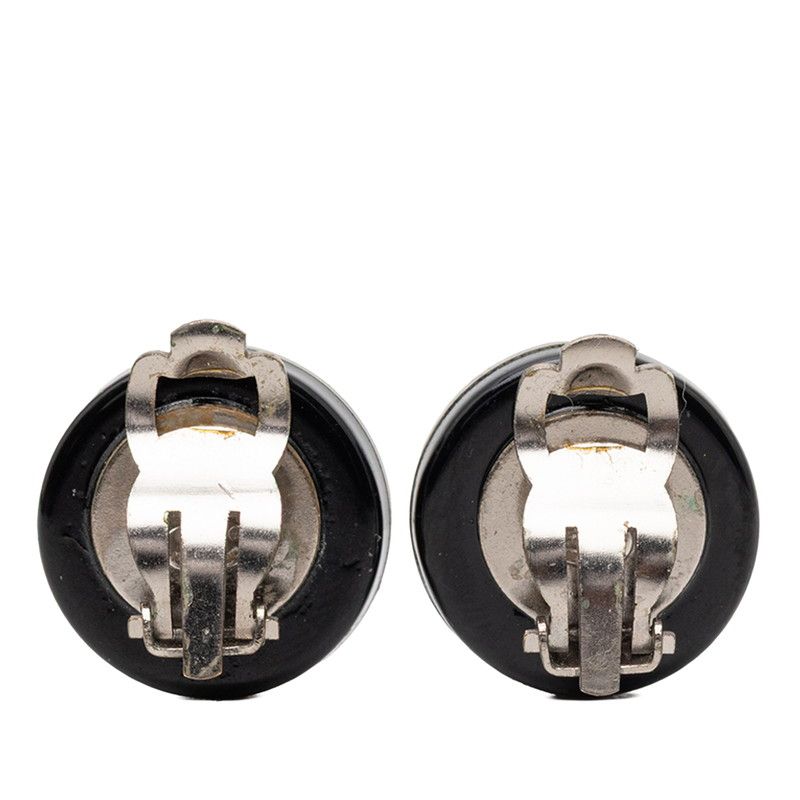 Chanel CC Logo Round Earrings Silver Black Metal Plastic