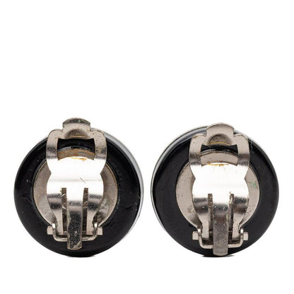 Chanel CC Logo Round Earrings Silver Black Metal Plastic