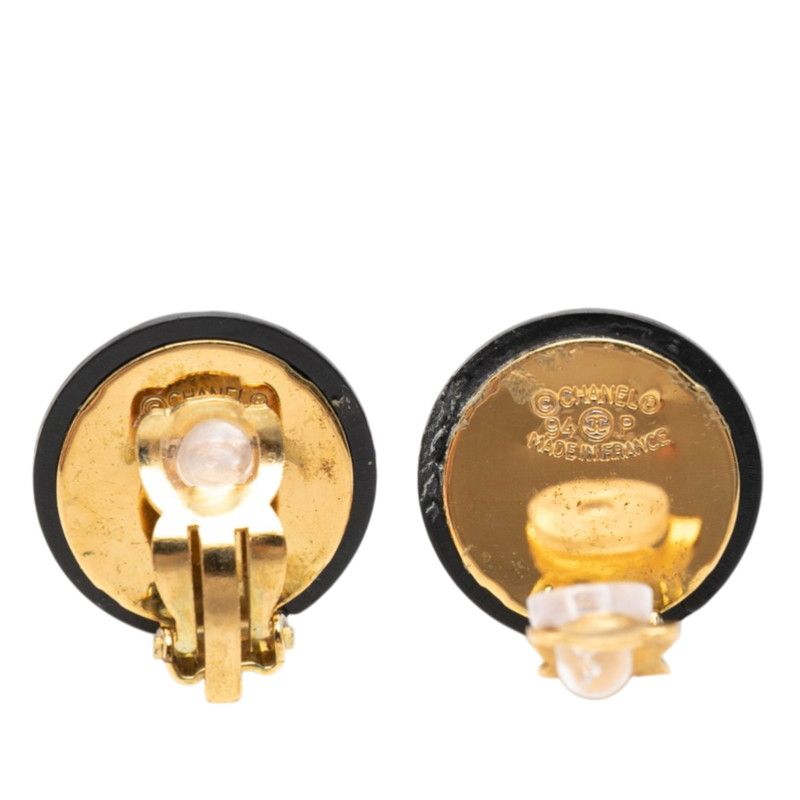 Chanel Quilted CC Logo Earrings Gold Black Plated