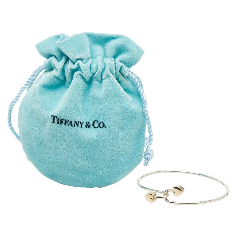 Tiffany & Co Double Heart Hook Bangle Bracelet Silver 18k Yellow Gold