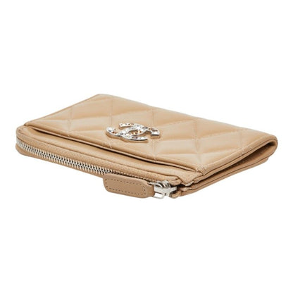 Chanel Quilted CC Logo Coin Case Card Fragment Beige Lambskin Line Stone