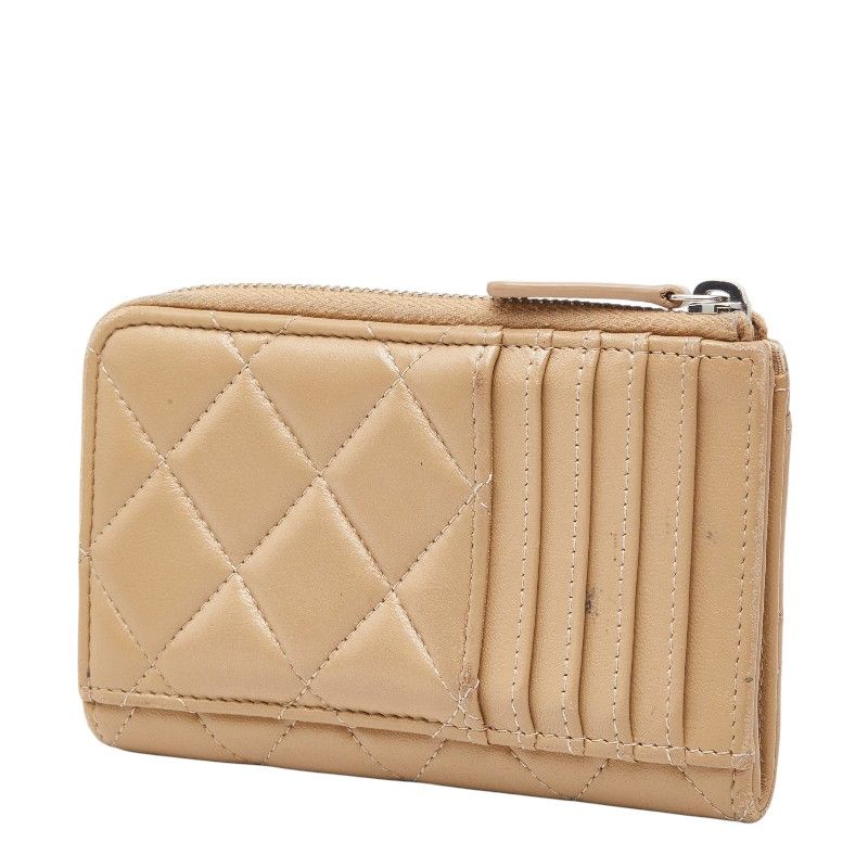 Chanel Quilted CC Logo Coin Case Card Fragment Beige Lambskin Line Stone