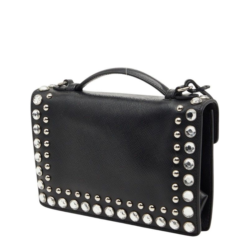 Prada Studded 2-Way Shoulder Bag Black Saffiano Leather Visual