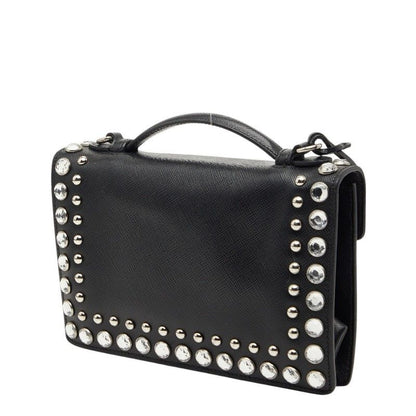 Prada Studded 2-Way Shoulder Bag Black Saffiano Leather Visual