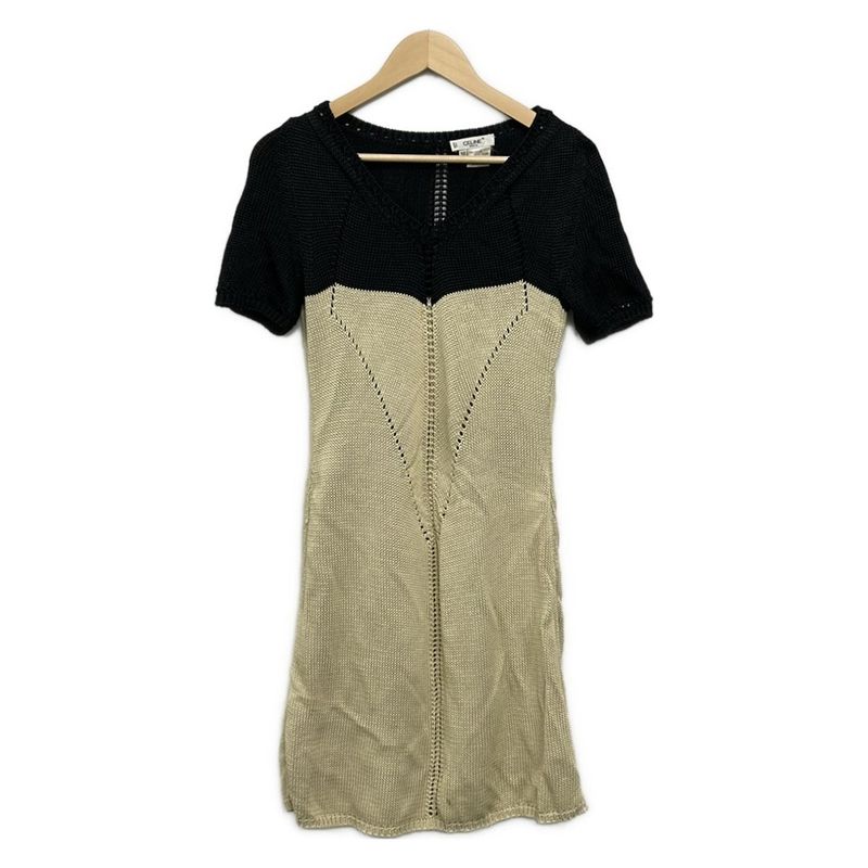Celine Dress 38 M Black Beige Short Sleeve Knee Length