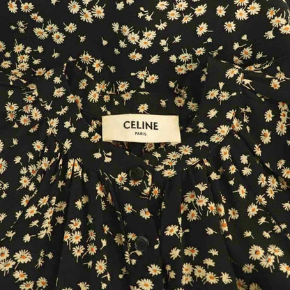 Celine Viscose Canvas Midi Dress Flower Band Collar 34 Black Orange Beige CX