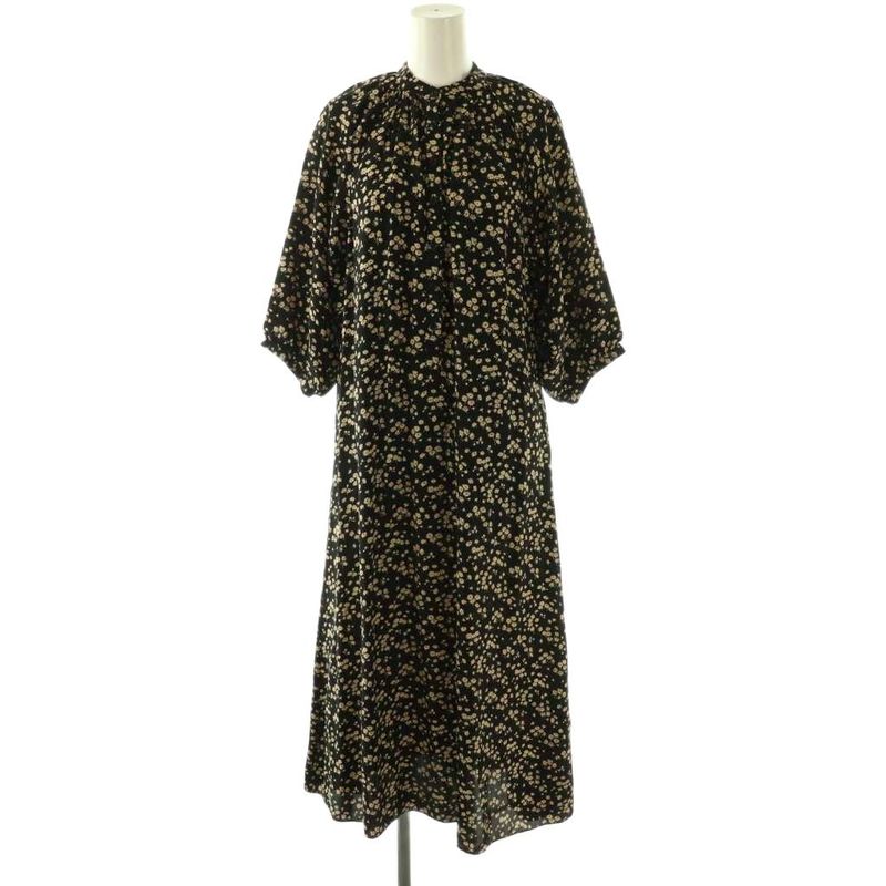 Celine Viscose Canvas Midi Dress Flower Band Collar 34 Black Orange Beige CX